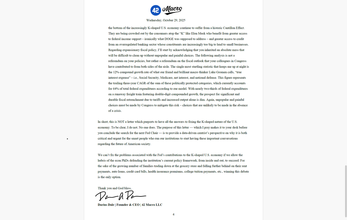DariusDale42's tweet photo. I felt compelled to write another Fed OpEd after today's FOMC event. @SecScottBessent, I know you're the busiest man in America right now, so please review this whenever you find time in the coming weeks.

FWIW, my previous Fed OpEd below proved historically prescient. I pray this one is too for the sake of the low-to-median-income households, small businesses, and real economy sectors trapped on the bottom of the increasingly K-shaped U.S. economy. 💜