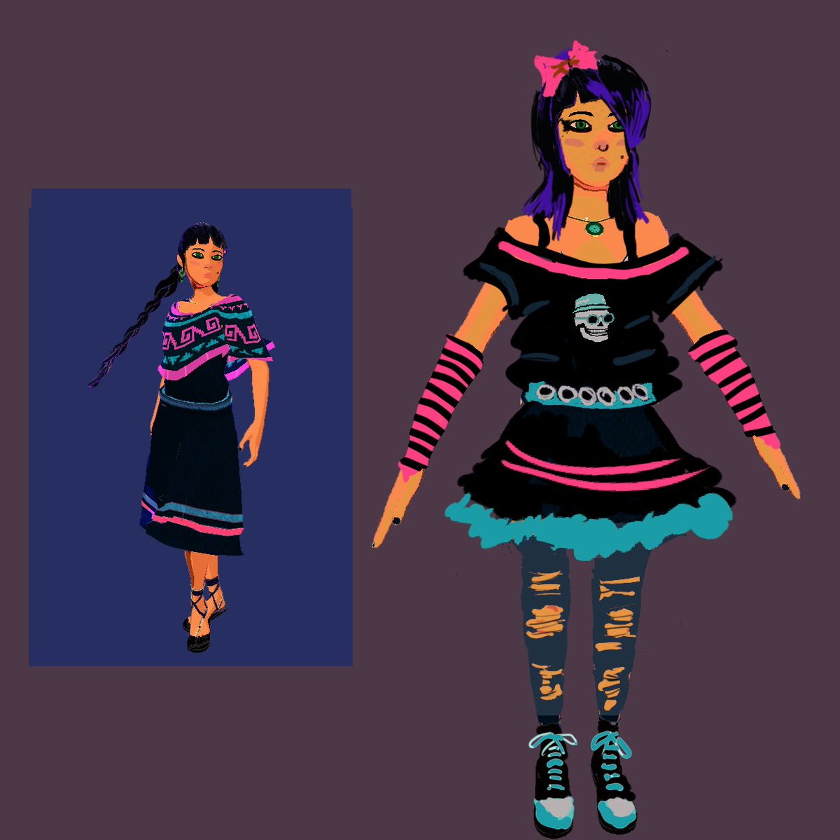 I've always loved wacky alternative costumes in horror games so I made a mockup of Marchita's main character as a 2000s emo girl. Would be cool to implement it in the final game. 🎃