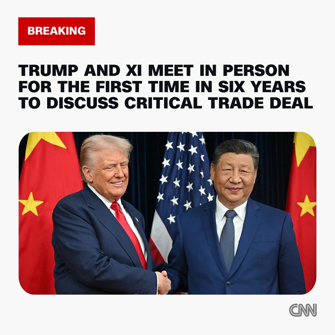 CNN's tweet image. Trump and Xi meet in person for the first time in six years to discuss critical trade deal. Follow live updates. cnn.it/4qtr62V