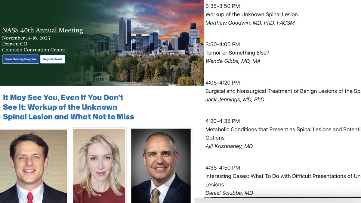 WendeNGibbs's tweet image. Things are never as clear in real life as they are in the books... including spine pathology.  And you don&apos;t want to do #spinesurgery on something that isn&apos;t really a tumor!

Can&apos;t wait to join this group and hear their expert opinion and experiences in Denver at #NASS2025!…