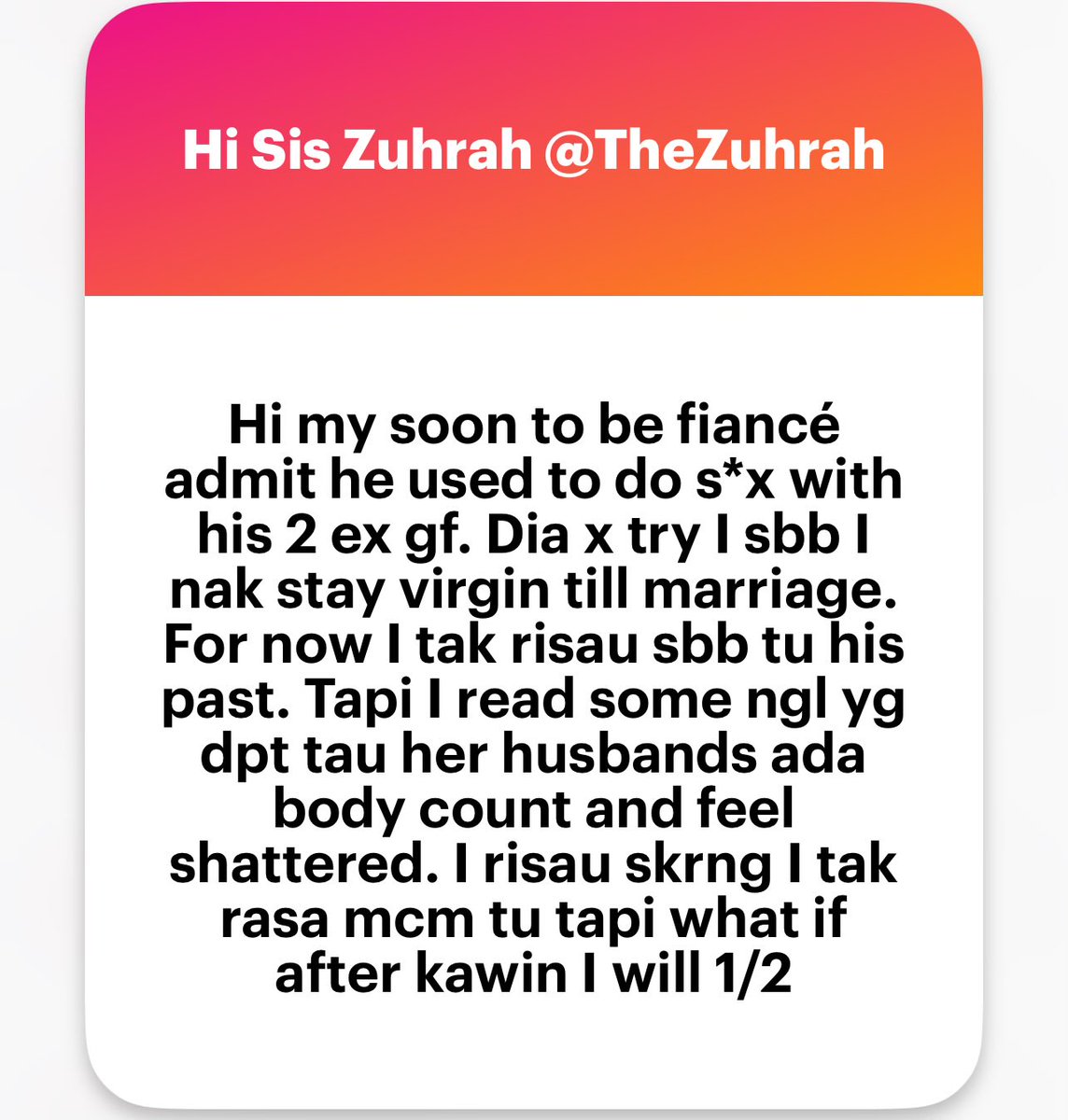 zuhrahx's tweet photo. Body count.
Ladies, please weigh in ⬇️
Kalau I, I won’t take a risk. Risk apa?
- Dia subconsciously compare
- Dia tak enjoy/& avoid sex sebab belum overcome guilt
- Health risk
#datingphase #AskLadies https://t.co/nuBvpEruTg