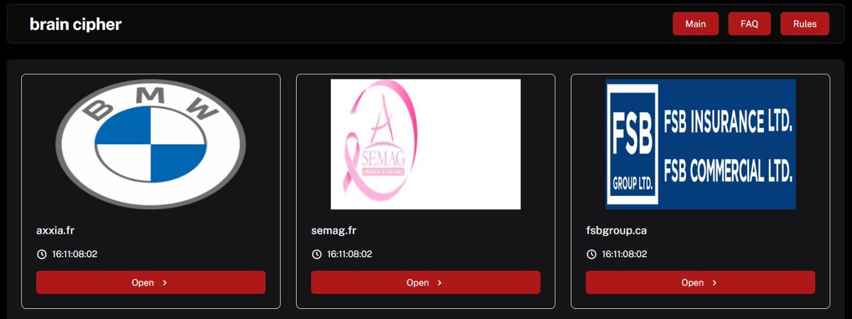 FalconFeedsio's tweet image. 🚨 Ransomware Alert 🚨

Brain Cipher ransomware group has added 3 new victims to their dark web portal.

* FSB GROUP LTD. 🇨🇦
* SEMAG 🇫🇷
* AXXIA BMW Motorrad 🇫🇷