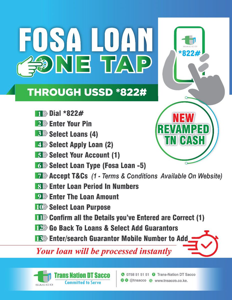 📱 No Queuing. No Paperwork.
Experience convenience at your fingertips!

All our FOSA products are now available on your phone.
Simply *dial 822# or download the TN Cash App from 
📲 Google Play or App Store to enjoy seamless access and instant services.