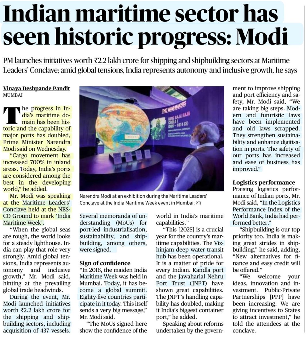 imRavikantYadav's tweet photo. Indian maritime sector has seen historic progress: Modi
:Details by Ms Vinaya Deshpande
@vinivdvc
#MaritimeLeadersConclave #indiamaritimeweek2025
#PMModi
#India #maritime #Ports #Modernisation #Digitisation #Logistics #trade #PolicySupport
#UPSC
Source: TH https://t.co/LqIQ9CTDma