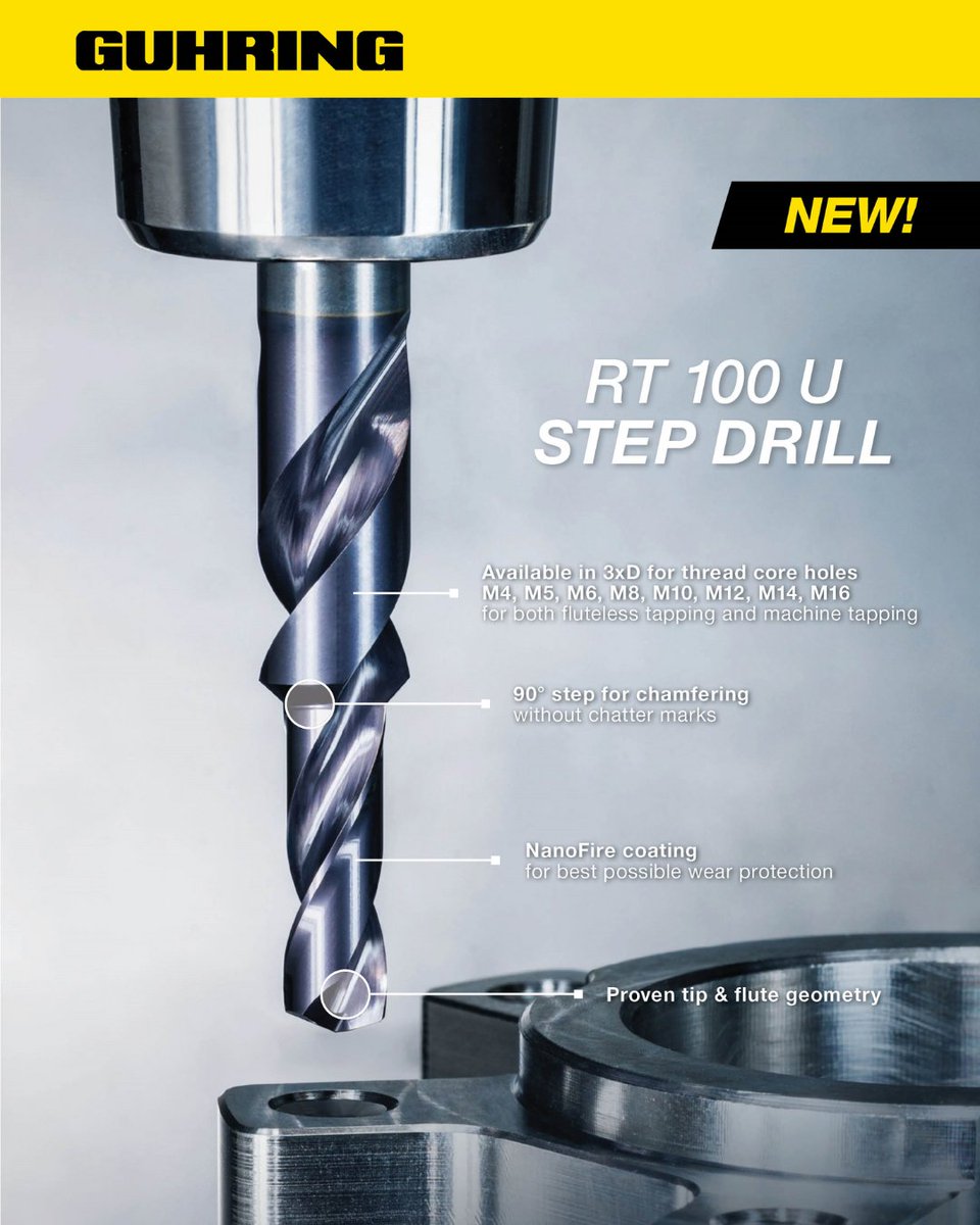 GuhringAus's tweet photo. ✨NEW PRODUCT✨

The RT 100 U Solid Carbide Step Drill combines drilling and countersinking in 1 smooth process. Available in standard tap hole sizes for cut taps and form taps. https://t.co/RdFBDzHeqS