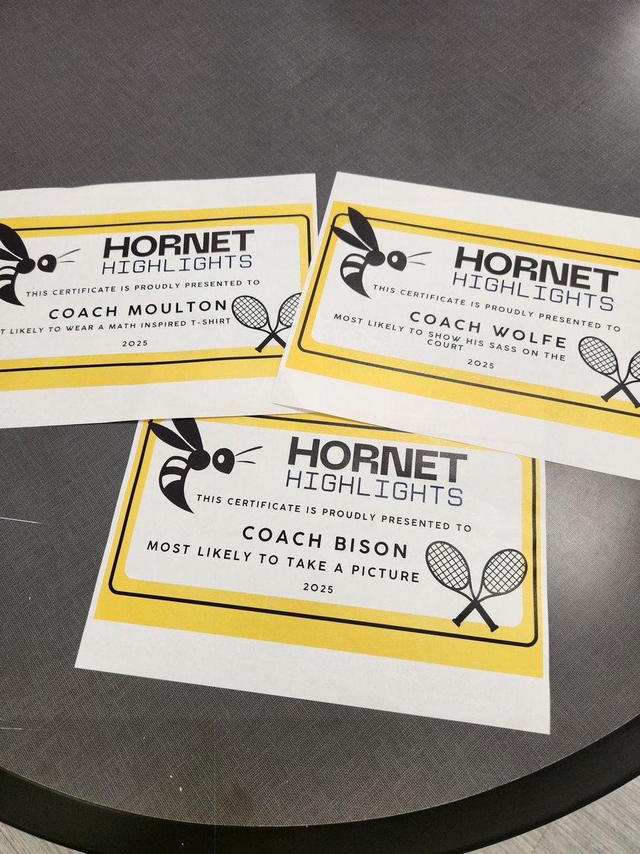HSHornetTennis's tweet photo. And the Hornets put the final stinger to the season! Thank you to our captains, Monika and Hailey, for celebrating each of our athletes (and us coaches!)... and for making Wolfies new gig as line judge, official 💛🐝
#QUEENbees @HinsdaleSouthAD https://t.co/ZJCrHOtORj
