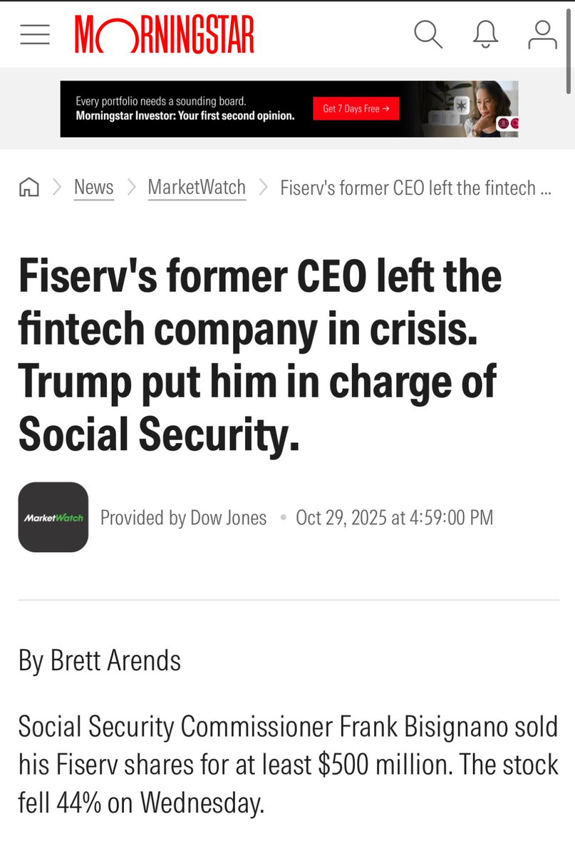JesseCharlesLee's tweet image. This right here ⬇️ 

“The crisis swamping Fiserv should raise fresh questions about Donald Trump&apos;s Social Security commissioner, Frank Bisignano, who was running the payments company until just a few months ago.”