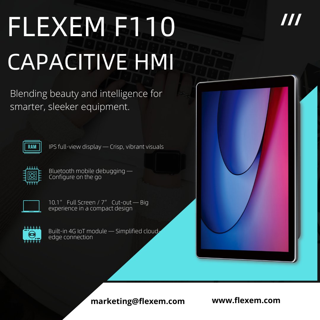 FlexemTech's tweet image. 💎 Flexem F110 Capacitive HMI 💎
10.1” full-screen + 7” cut-out, magnetic mount, built-in 4G IoT, Bluetooth setup, IPS display.
Smart, sleek &amp;amp; powerful — redefine your equipment’s interface!
👉 flexem.com/products_detai…
#Flexem #HMI #IoT #Automation #IndustrialDesign #SmartFactory