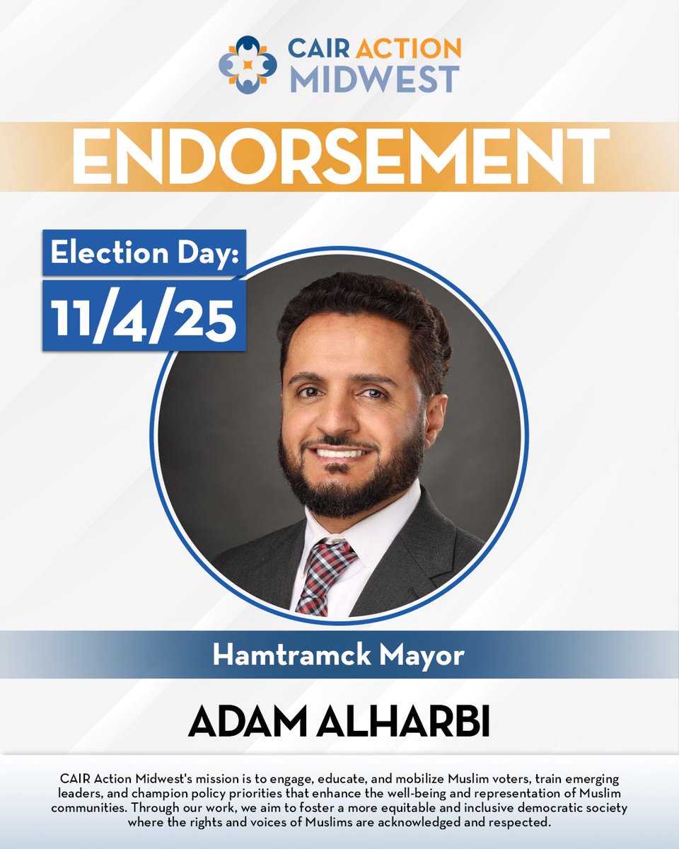 cairactionmw's tweet photo. CAIR Action proudly endorses Adam Alharbi for Mayor of Hamtramck! Adam brings a vision of unity, integrity, and inclusive leadership to serve all residents and strengthen Hamtramck’s diverse community. @CAIRAction https://t.co/YJ7Eb23SXj