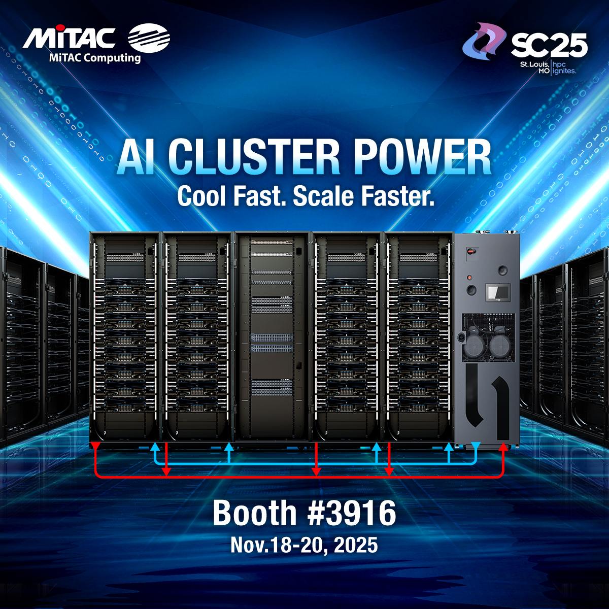 MiTACcomputing's tweet image. 🚀 Power up your #AI &amp;amp; #HPC at Supercomputing 2025!
Explore our 128–256 GPU clusters, seamless scalability, and advanced liquid + air cooling — featuring @AMD , @nvidia  &amp;amp; @intel  tech.

📍 Booth #3916 | 🗓  18–20
👉 lnkd.in/d9F9Ep8c

#SC25 #AICluster #SC25