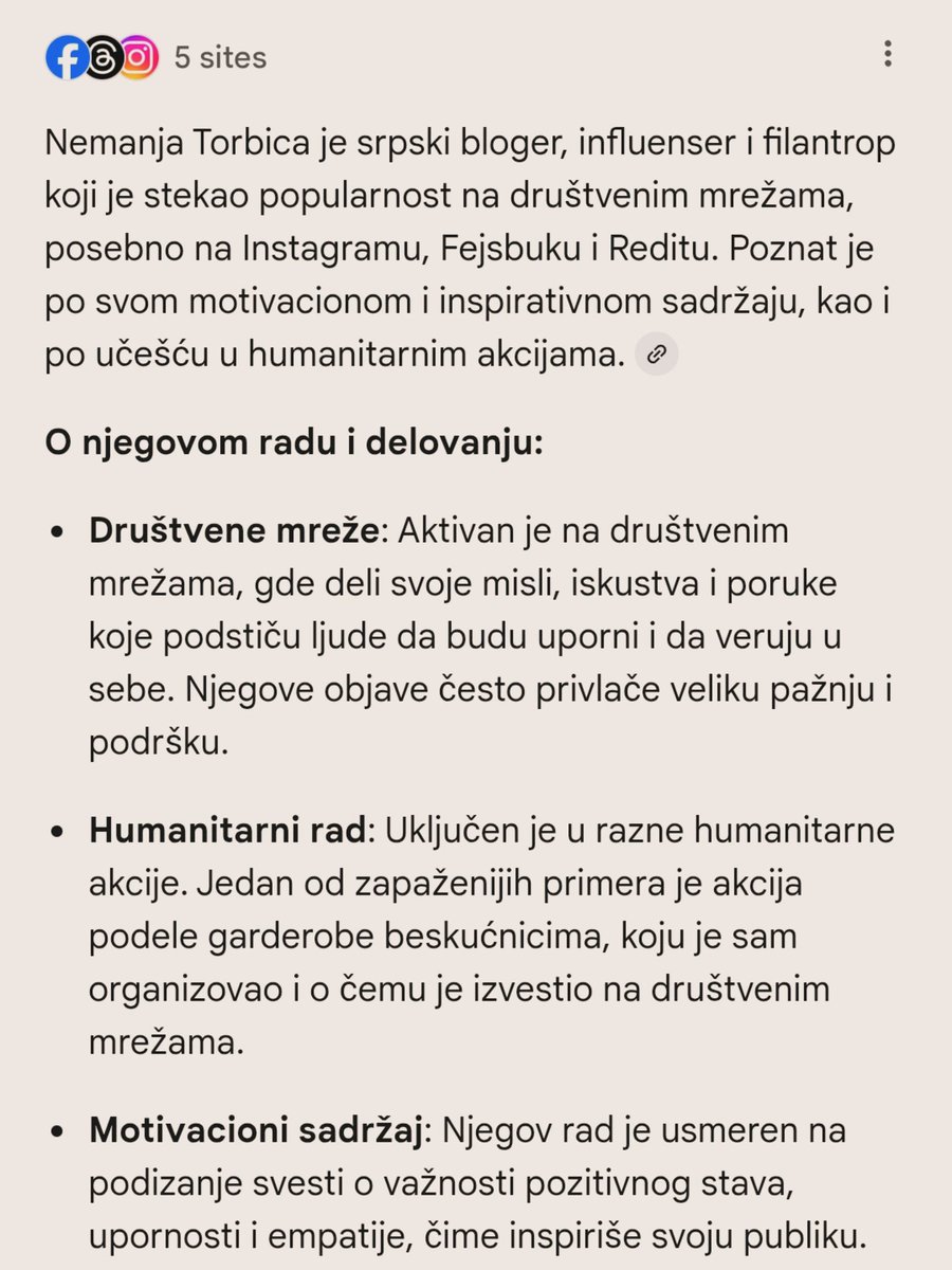 Evo, šta kaže AI o meni. Jako lep i korektan opis.