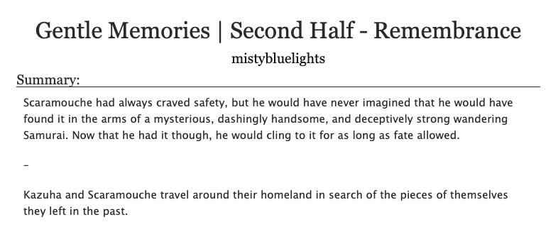 mistybluelights's tweet photo. The last installment of the Gentle Hands journey is finally here! I hope you will join me for it <3
The first chapter of Gentle Memories - Remembrance my #kazuscara long fic is up on AO3 🍁☂️💖 

https://t.co/eNU7KCLQbs

Updating monthly ❤️ https://t.co/HSJGHycFBG