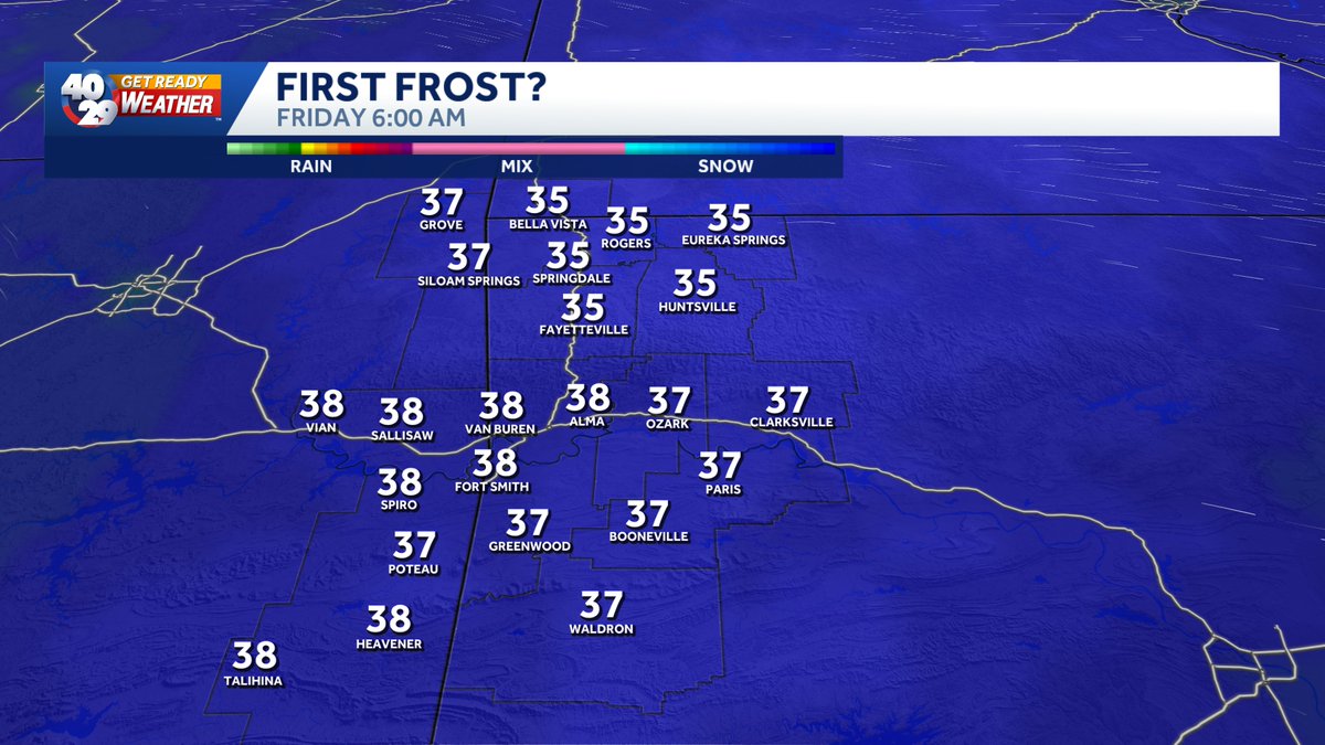 First FROST of the season looks likely for Halloween.

Probably won't quite get there Thurs AM. But, like our chances for Fri AM, especially in NWA (isolated locations may even dip to freezing). Frost may be spottier in the River Valley Fri AM, but, should occur for some.