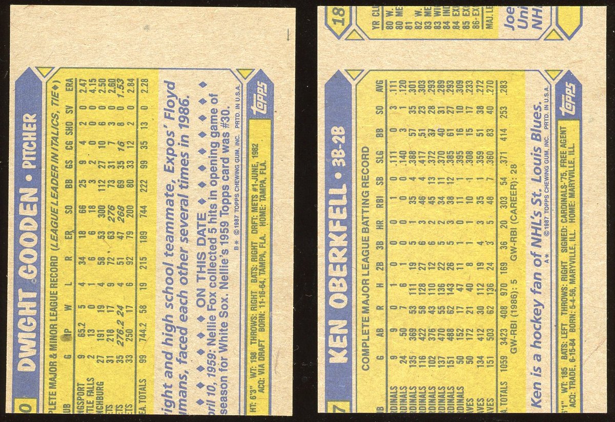 GoodenCollector's tweet photo. I've been chasing some more of the error cards of Dwight Gooden since I'm running out of his playing day cards to collect. Here's a great pair of 1987 Topps cards of Gooden and Ken Oberkfell. Each has the wrong back. Gooden's front has Oberkfell's back and vice versa. https://t.co/SiZ3jBmu0F