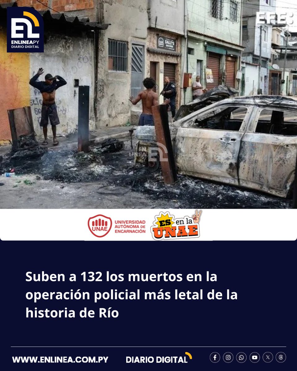 enlinea_py's tweet image. La operación policial lanzada el martes en Río de Janeiro, la más letal de la historia de la ciudad brasileña, dejó 132 muertos, entre ellos cuatro agentes, informó este miércoles a EFE la Defensoría Pública regional.
enlinea.com.py/suben-a-132-lo…