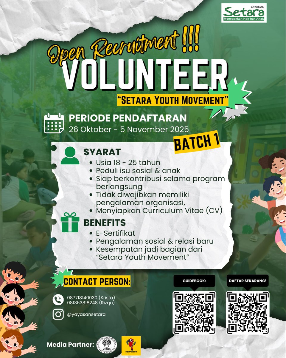 unicefess's tweet image. [MEDPART]

Ness!! ada info seruu nih! 👀
Lagi oprec volunteer buat Setara Youth Movement bareng Yayasan Setara.

🗓️ 26 Okt – 5 Nov 2025
📍 Scan QR di bawah buat daftar!
☎️ CP: 
Rizqo (081363818248)

#MenfessUnnes #OpenRecruitment #SetaraYouthMovement