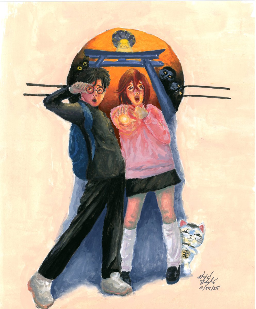 Soboz96's tweet photo. Painting of Momo and Okarun from the anime/manga: DanDaDan. Based/stylized off of the old Halloween Saturday Evening Post magazine covers. #Dandadan #dandadanfanart #Dandadananime #manga #anime #painting #illustration #Halloween #fanart https://t.co/03JYoHWWgz