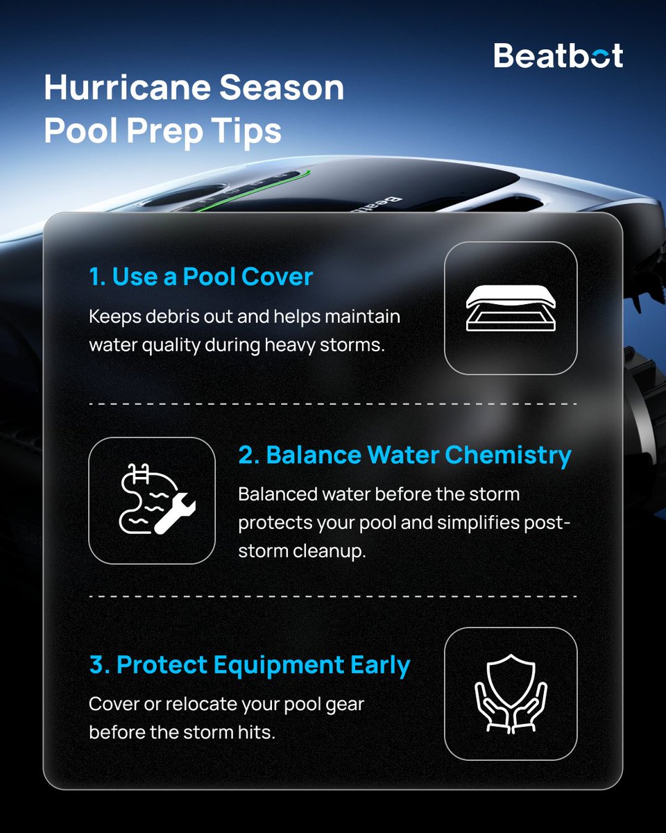 BeatbotGlobal's tweet photo. #HurricaneMelissa is now heading toward the Bahamas 🌀 While it's still early to tell if it'll head for the U.S., now's a smart time to get your pool storm-ready. Heavy rain and strong winds can mess with your pool's chemistry, clog filters, and damage exposed equipment.

Take a few minutes to prep, and save or share this post to help each other. Stay safe out there! #Pool101
