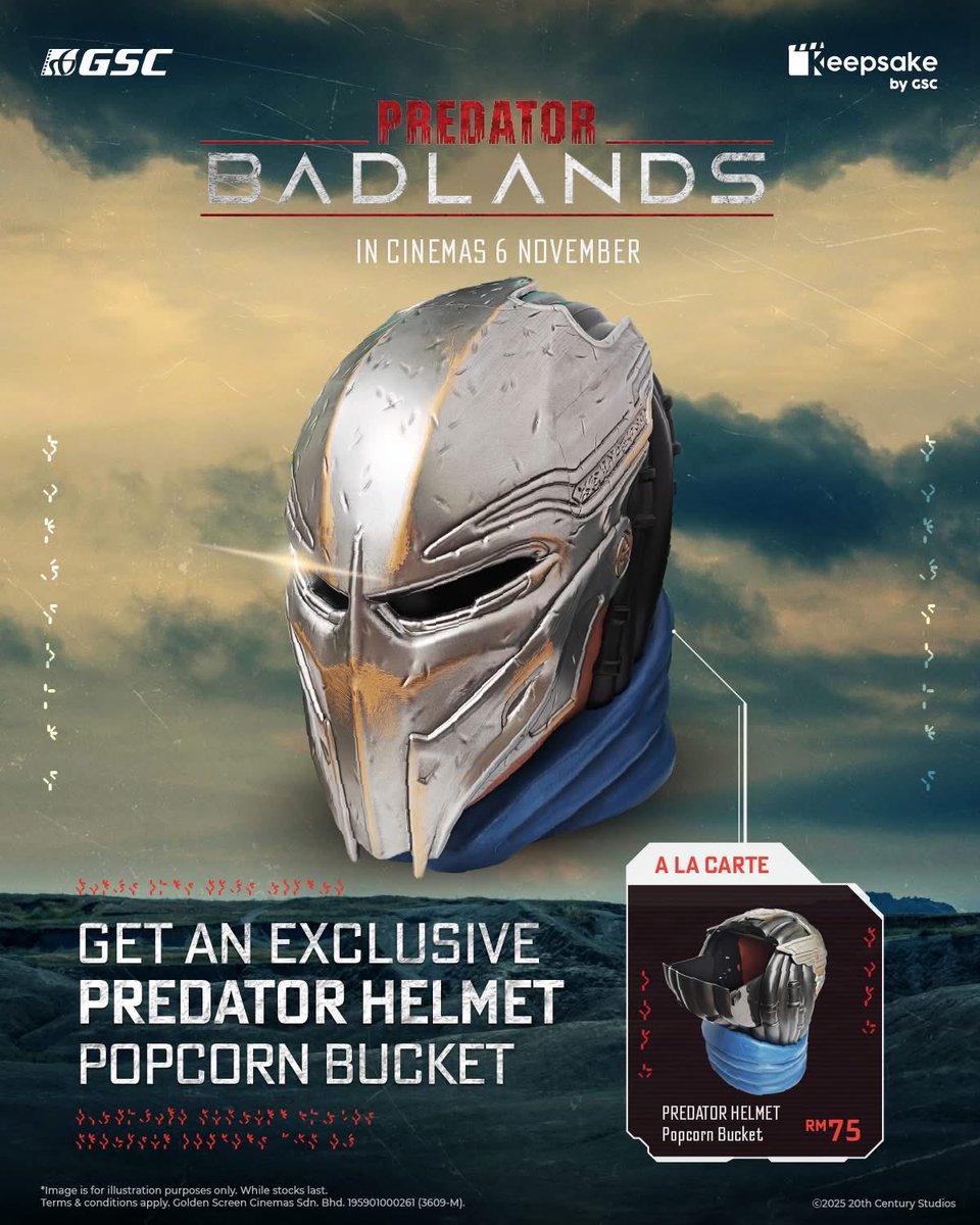 GSCinemas's tweet photo. 🛡️ Gear up for the hunt with the iconic GSC Exclusive #Predator Helmet Popcorn Bucket! 👽🔥

⚠️ This online exclusive item has limited stock, so HURRY!💥 Don’t miss out! Grab yours now before it vanishes: 👉 https://t.co/LmAdHeoc22

#GSCExclusive #PredatorBadlands  #MovieCollectible