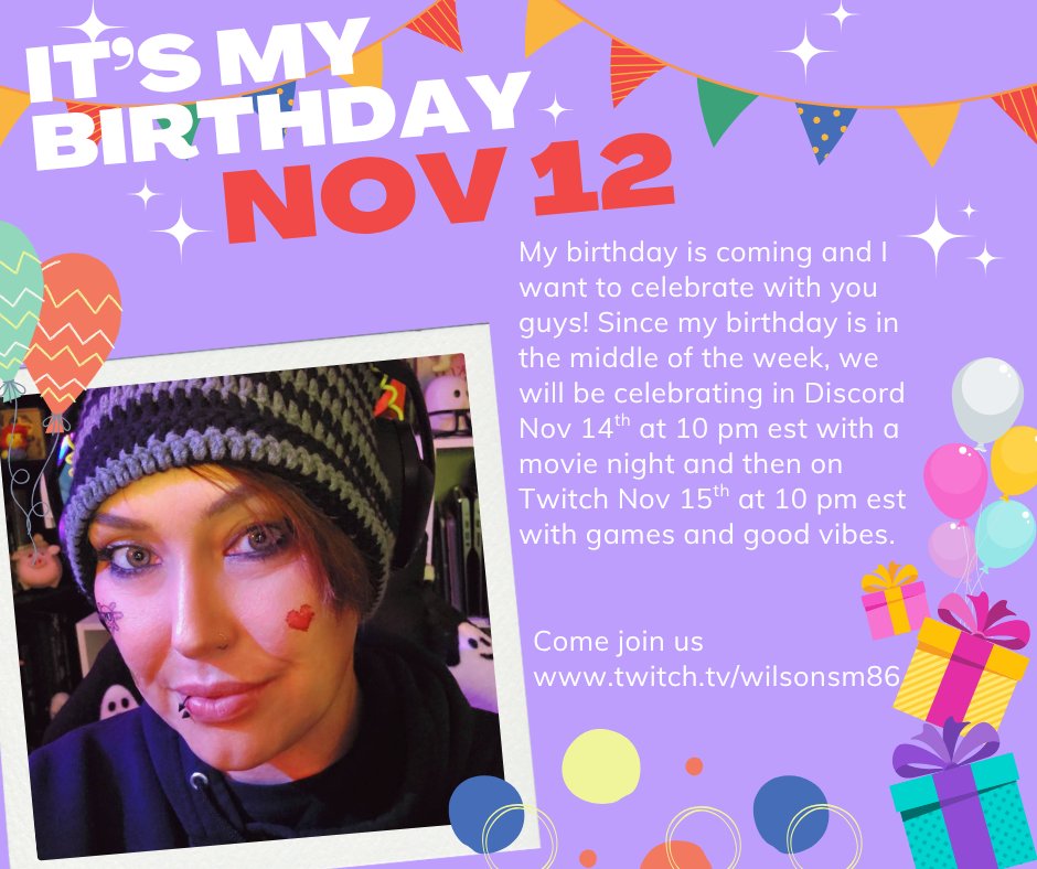 My bday is next month and I want to celebrate with you!!!! I won't be able to celebrate the day of so I though that Fri the 14th we could do a movie night in Discord and then Sat the 15th I will stream. Lemme know what you would like to see for a bday stream :black_heart: