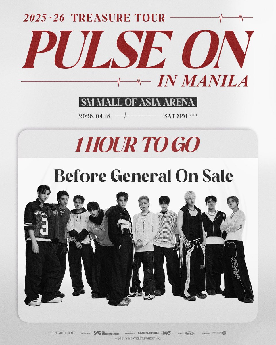 🔥💎 Just 1 HOUR to go, TEUMEs! 💎🔥

The wait is almost over — General Ticket Sales for 2025–26 TREASURE TOUR [PULSE ON] IN MANILA start in just one hour! 😱💙

This is your final call to get ready and secure your seats for an unforgettable night with TREASURE, live at the SM
