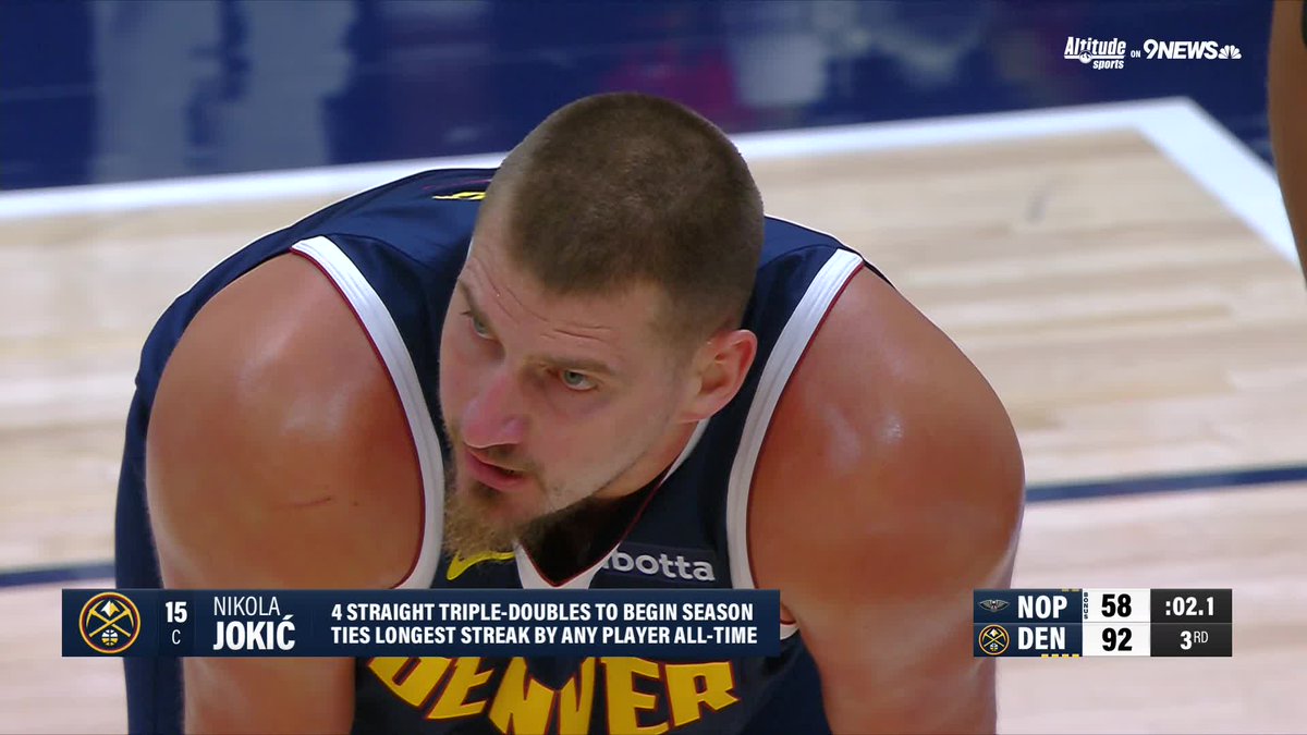 Jokić has started the season with 4 STRAIGHT TRIPLE-DOUBLES 😤🔥

21 PTS, 12 REB, 10 AST
25 PTS, 19 REB, 10 AST
14 PTS, 14 REB, 15 AST
21 PTS, 13 REB, 10 AST