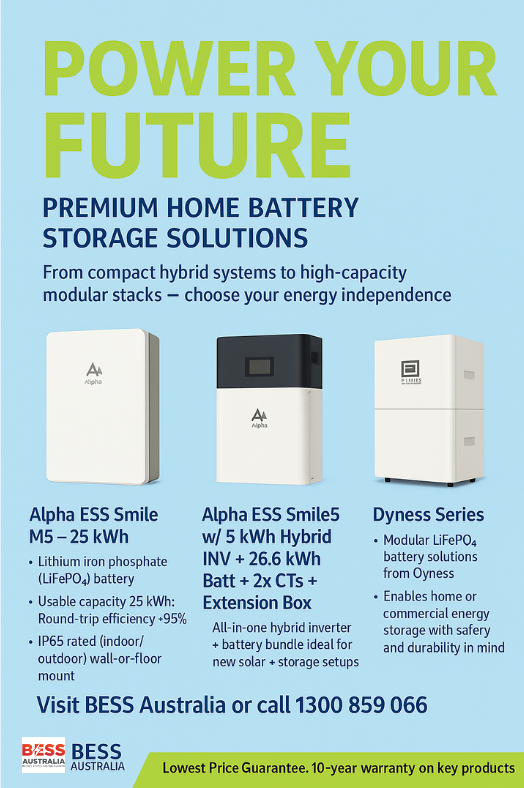 bessaustralia's tweet image. ⚡️Power your future with BESS Australia!
We’ve got good stock availability on our best home battery systems:
🔹 Alpha ESS Smile M5 – 25kWh
🔹 Smile5 Hybrid + 26.6kWh Battery
🔹 Dyness Modular Series
🔋 Call 1300 859 066
#SolarStorage #BatterySystems #AlphaESS #Dyness
