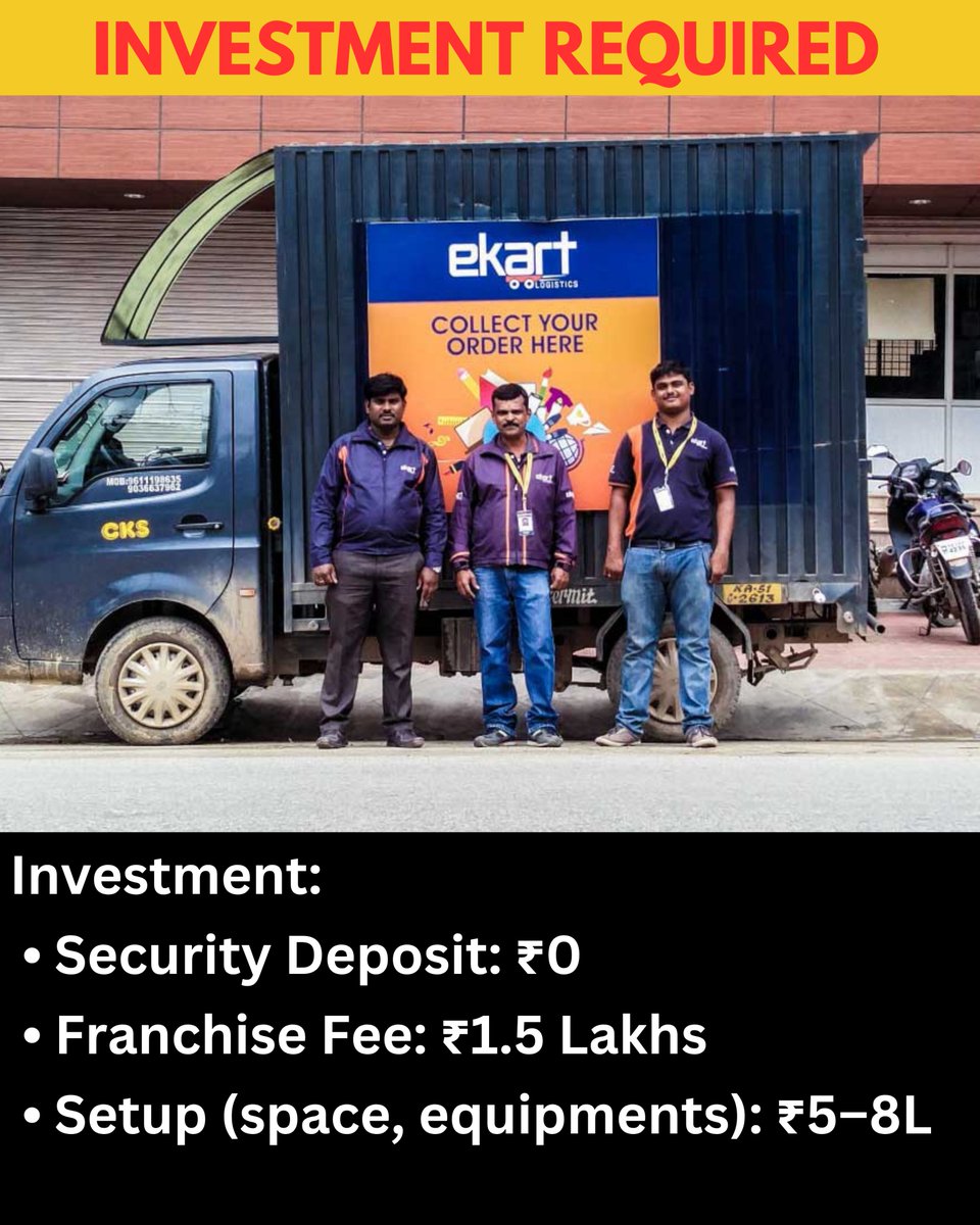 KalyanKBiswal's tweet image. 🚀 Thinking of starting a Flipkart eKart Franchise?
Here’s the 2025 breakdown 👇
💰 Investment: ₹50K–₹30L
📦 Models: Delivery Partner | Parcel Counter | Hub
📈 Earn ₹30–35/parcel → ₹30K+/month
🛵 Apply only via ekartlogistics.com

#Flipkart #StartupIndia #FranchiseIndia