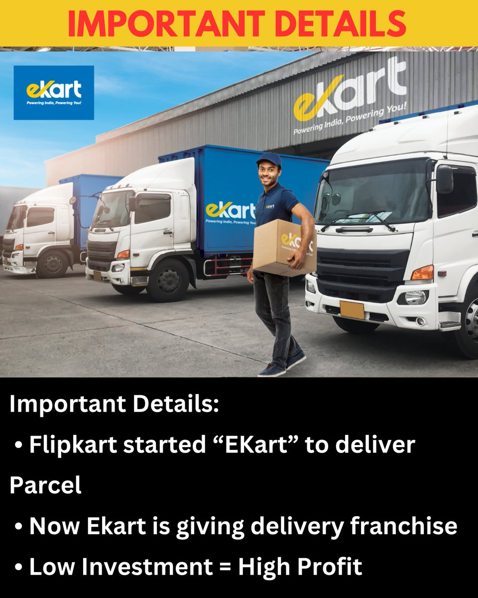 KalyanKBiswal's tweet image. 🚀 Thinking of starting a Flipkart eKart Franchise?
Here’s the 2025 breakdown 👇
💰 Investment: ₹50K–₹30L
📦 Models: Delivery Partner | Parcel Counter | Hub
📈 Earn ₹30–35/parcel → ₹30K+/month
🛵 Apply only via ekartlogistics.com

#Flipkart #StartupIndia #FranchiseIndia