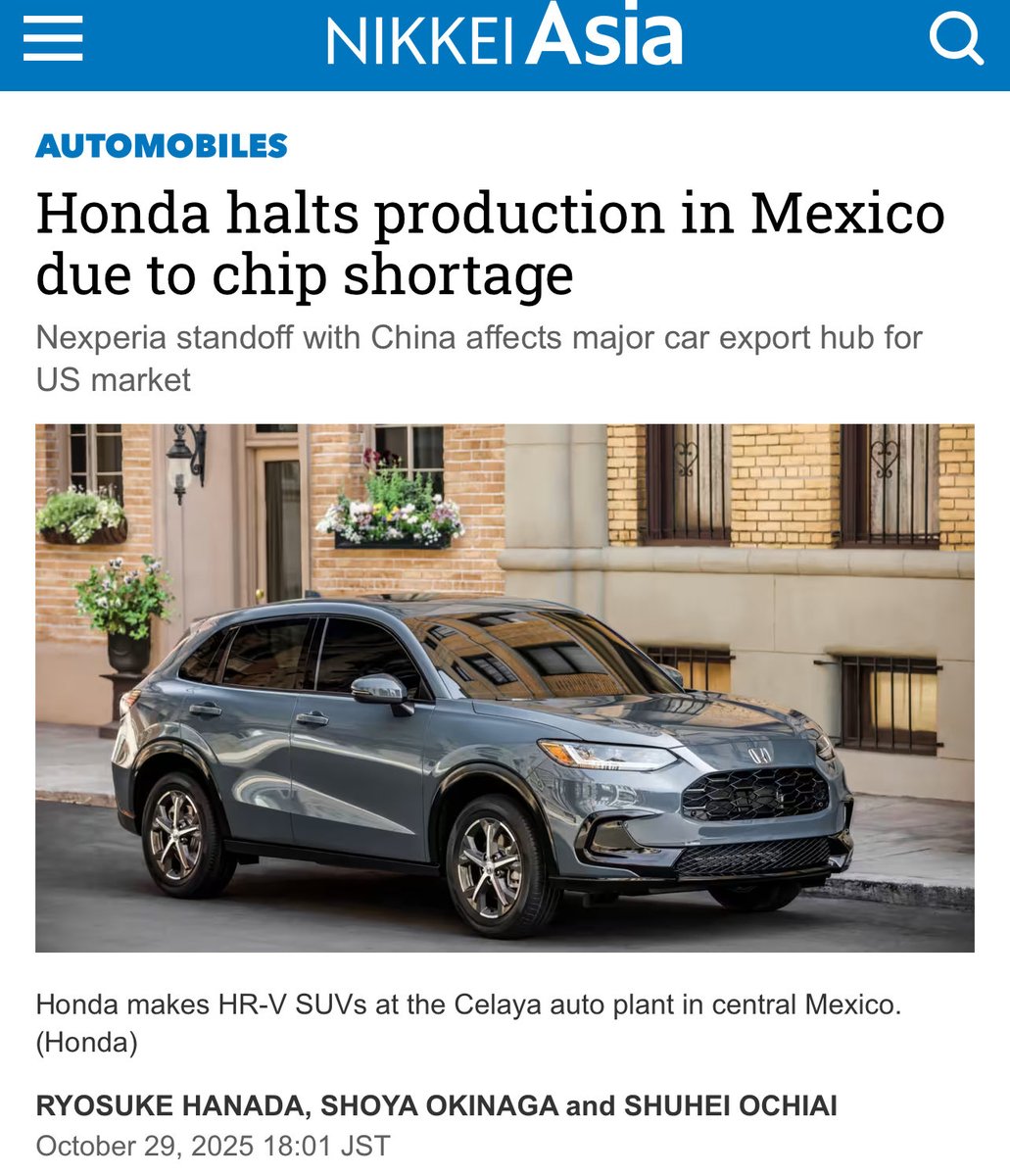 🔹Netherlands seizes a Chinese company (Nexperia)

🔹So, China stops exporting Nexperia’s semiconductor chips

🔹And Japanese company Honda halts production of cars in Mexico 

Welcome to the realities of global supply chain.
