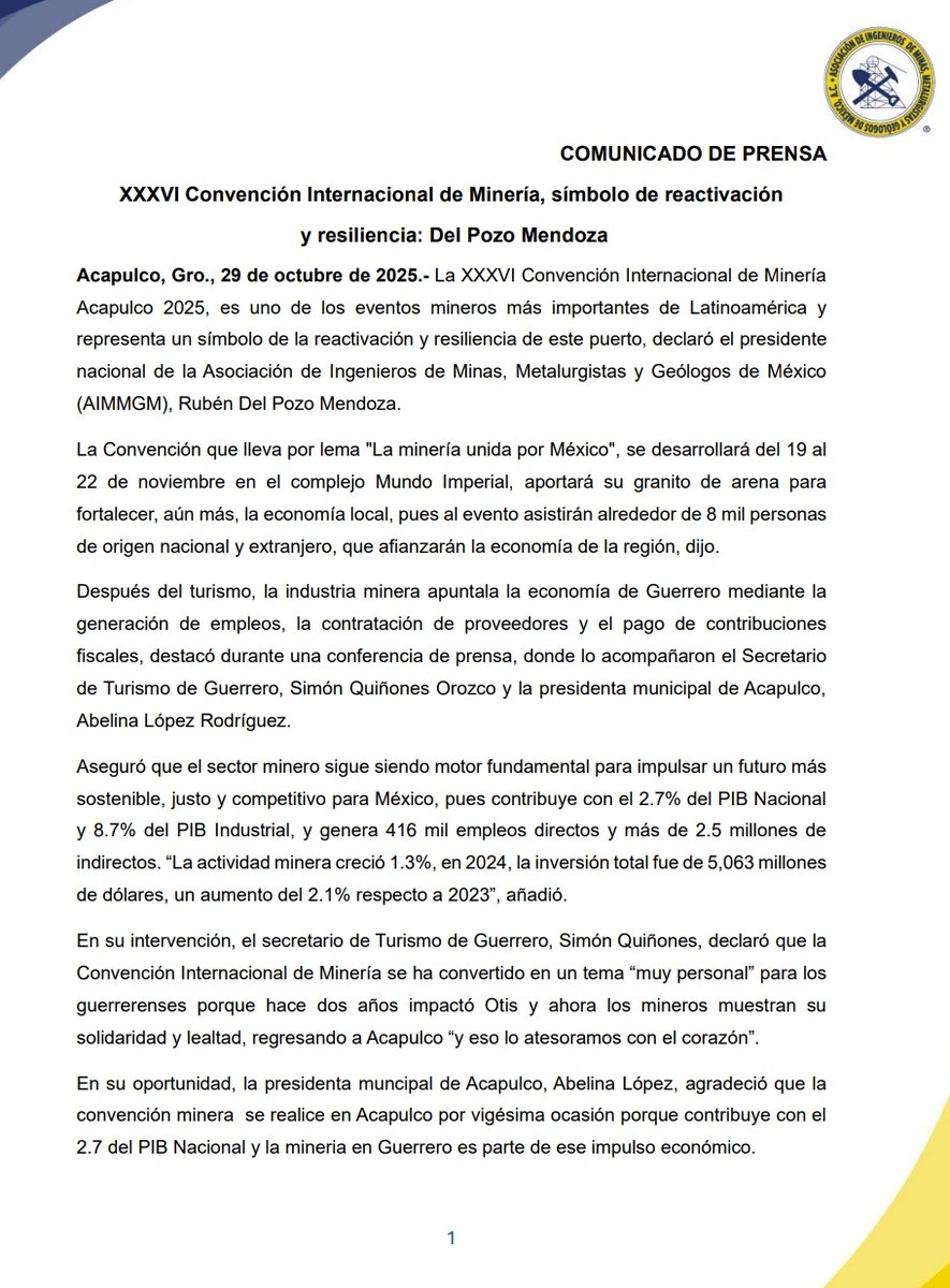 AIMMGM_Nacional's tweet photo. #COMUNICADO_AIMMGM 
Agradecemos la asistencia de más de 50 medios de comunicación a la rueda de prensa donde nuestro presidente Ing. Rubén Del Pozo Mendoza, adelantó el programa de la XXXVI #ConvenciónMinera2025 #LaMineríaUnidaPorMéxico #CIM2025 @AimmgmCap @AIMMGMSonora @Camimex_Oficial @faboitiz @Camimex_Oficial @WimMexico @ClusterDeSonora