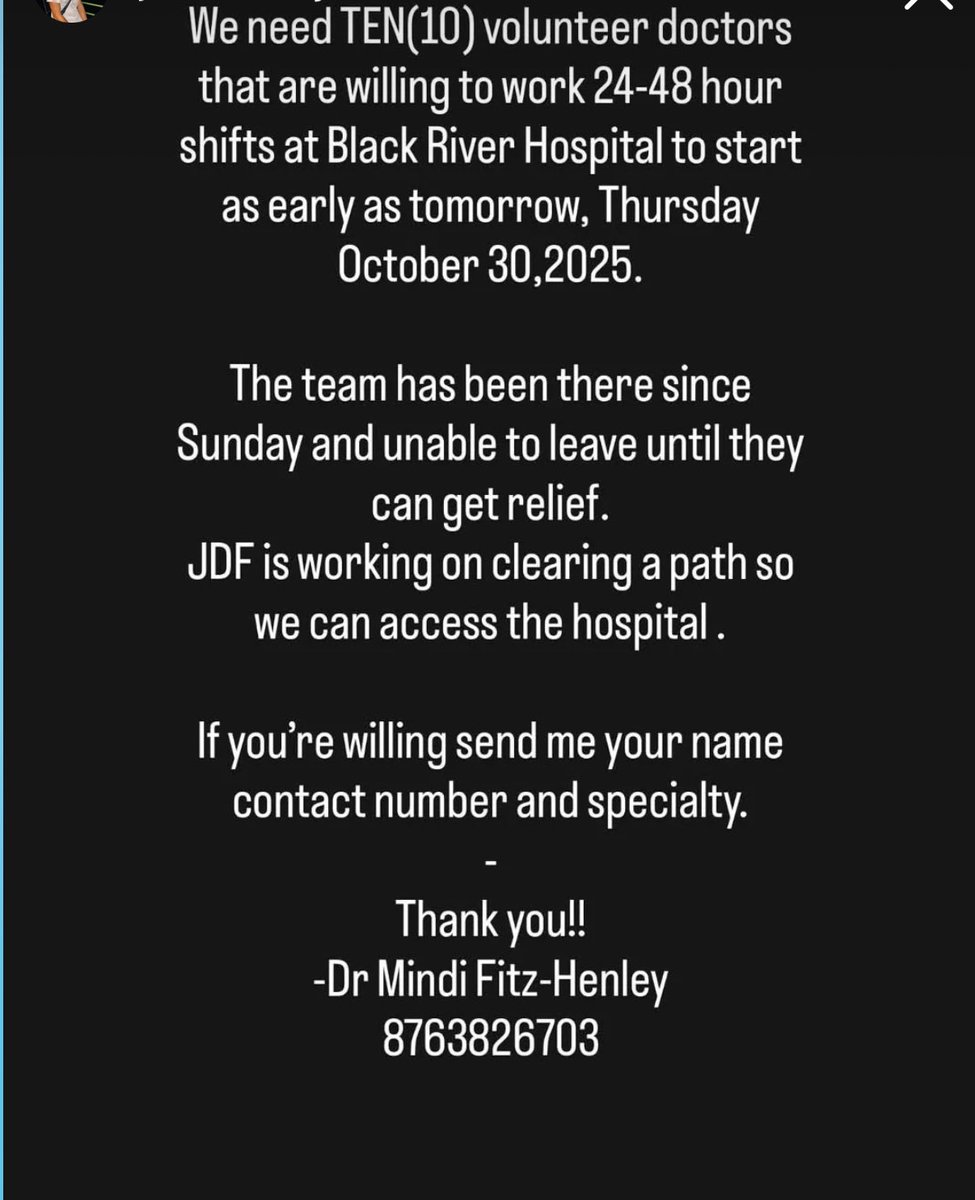 Guys they need volunteer doctors for Black River Hospital!!!