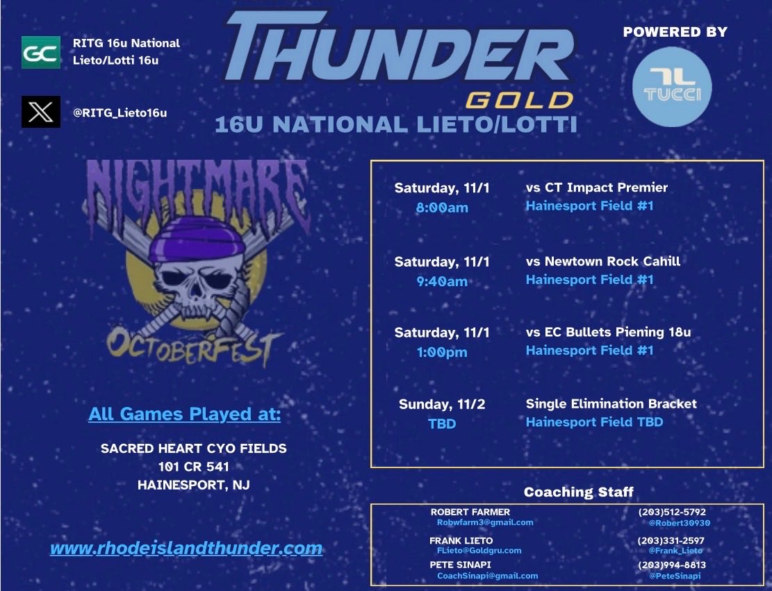 Our schedule for this weekend at Nightmare Oktoberfest! Cannot wait to get back out there with my team!
<a href="/RITG_Lieto16u/">RITG National Lieto/Lotti 16u</a> <a href="/petesinapi/">Pete Sinapi</a> <a href="/robert30930/">Robert Farmer</a> <a href="/Frank_Lieto/">Frank Lieto</a>