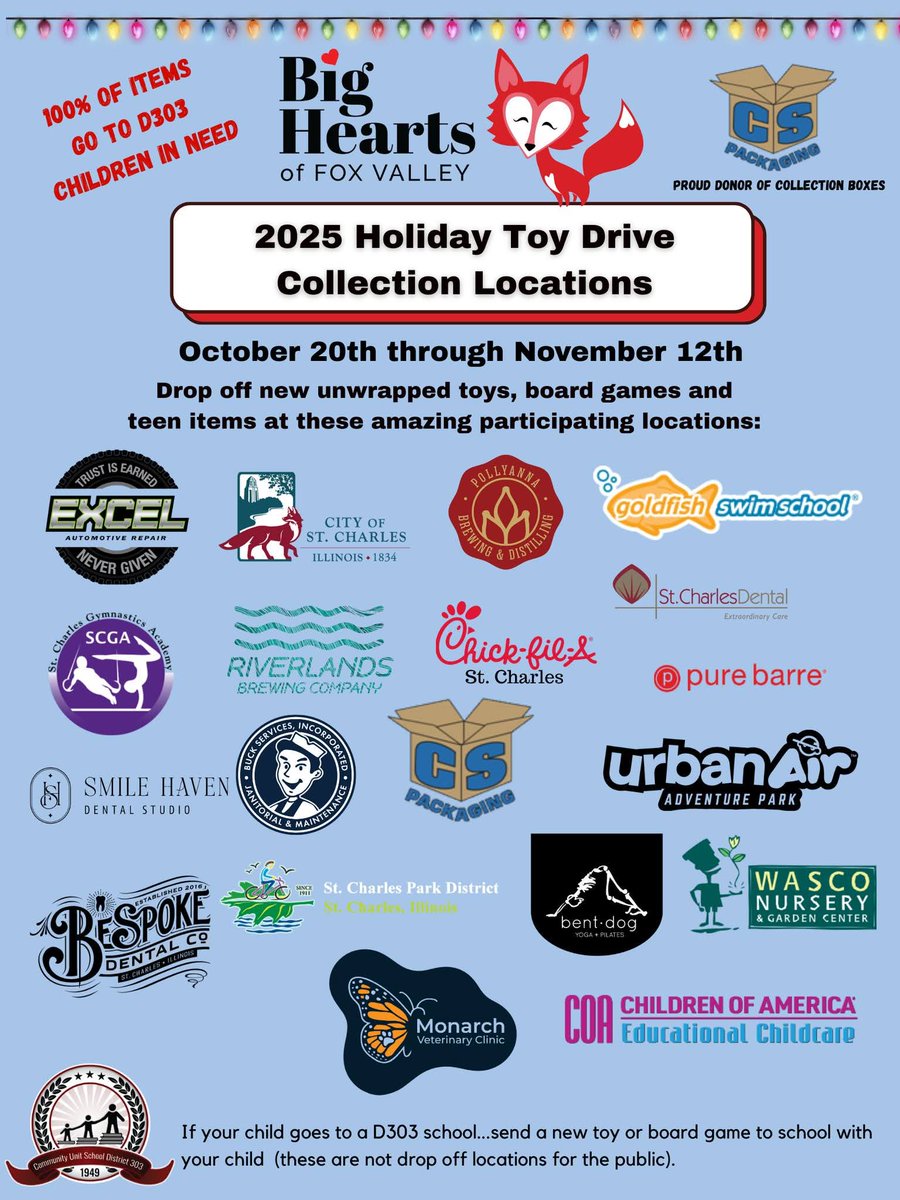 ✨ 𝗧𝗢𝗬 𝗗𝗥𝗜𝗩𝗘 𝗗𝗥𝗢𝗣-𝗢𝗙𝗙𝗦 𝗔𝗥𝗘 𝗢𝗣𝗘𝗡! ✨
Help make the holidays brighter for local D303 kids by dropping off new, unwrapped toys at any of our Big Hearts Toy Drive locations!
📍 Find a drop-off near you →