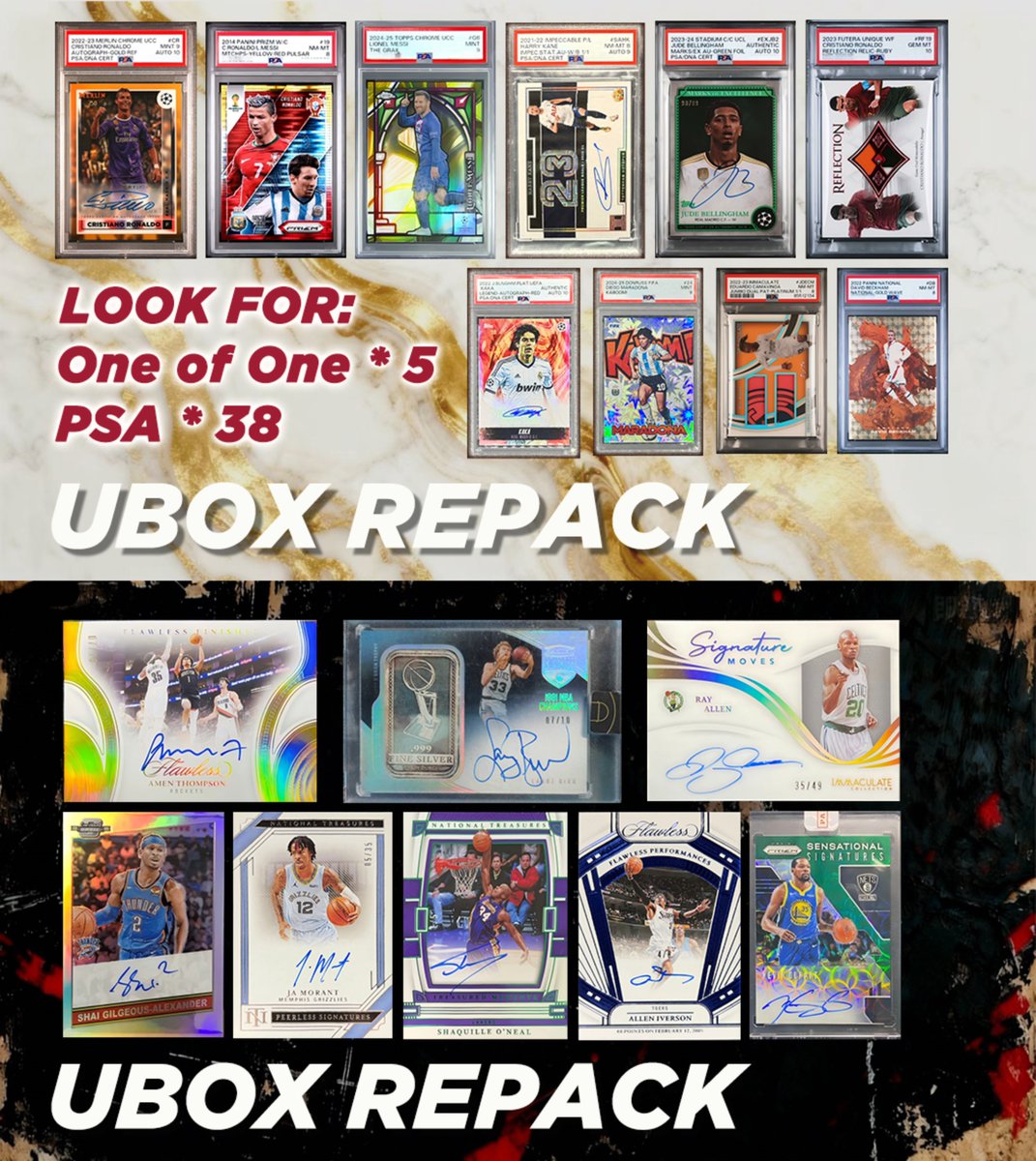 UBOX_cardcenter's tweet photo. 📢UBOX Repack 第11・12弾 予告📢
テーマ：「伝説のライバル！」PSA特集‼️
目玉はズバリッ‼️
C・ロナウド直筆サイン PSA-AUTO10‼️
メッシ＆C・ロナウドの共演‼️ PSA版が登場‼️

S賞・A賞・B賞、すべてに1/1を封入、合計5枚の1/1‼️
PSA鑑定カードは全38枚を収録、S賞/A賞はすべてPSA‼️

発売日時：10月30日(木) 18:00
販売価格：9,900PT

さらに‼️なんと抽選で1名様に「イマキュレート C・ロナウド PATCH 49シリ」をプレゼント‼️
応募方法：本ポストをいいね＆リポスト。
応募締切：11月2日(日)まで⚠️配信にて抽選‼️

今後も定期的にプレゼント企画を実施予定ですので、ぜひフォロー＆チェックしてください‼️

PS：UBOX初のバスケットボールテーマREPACKも本日同時リリース‼️
数量限定、先着順となります‼️
https://t.co/AsoHVk8Gq3