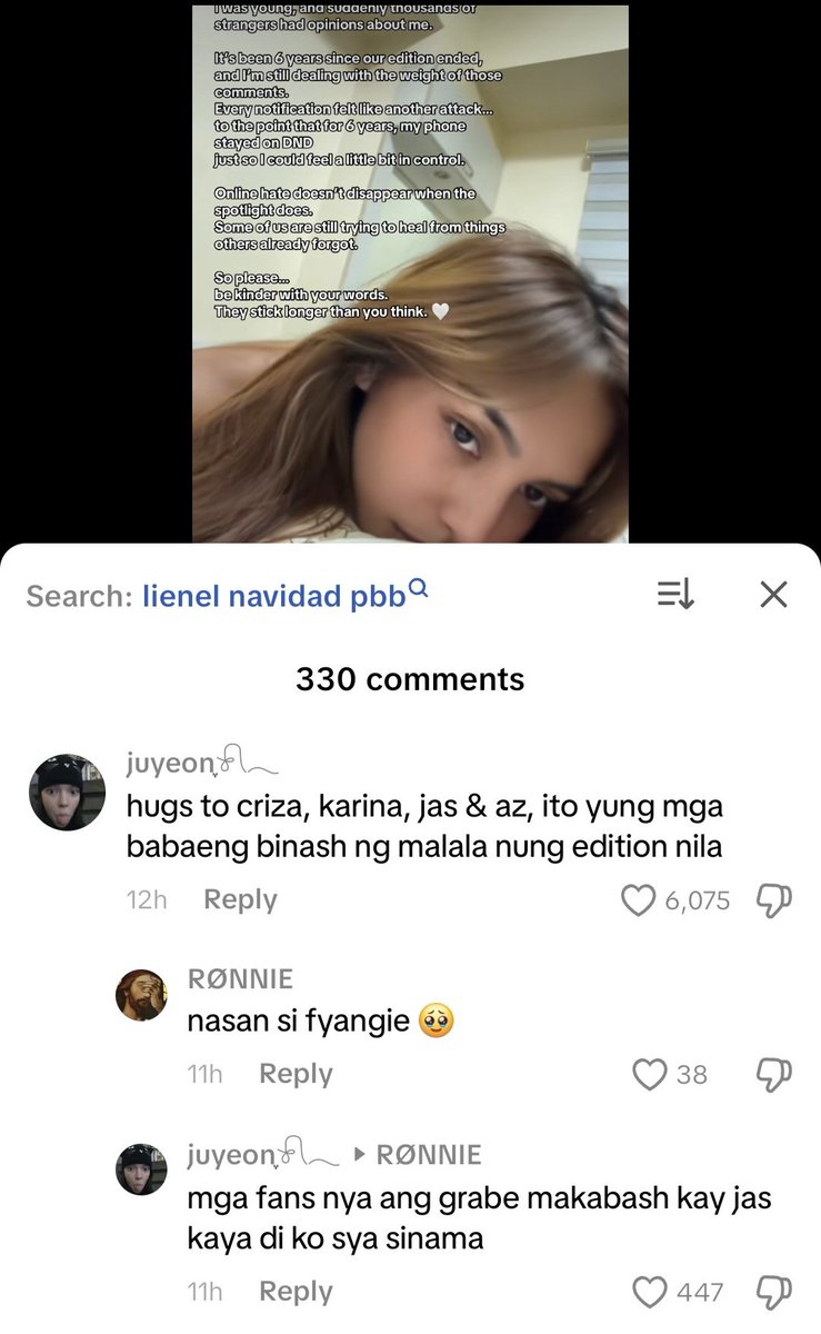 amdp___'s tweet photo. I saw this comment on Lienel Navidad’s video where she talked about her experience with bashing during their PBB season. She discussed how bashing can really destroy a person’s mental health. Then I saw this comment saying she didn’t include Fyang because Fyang’s fans bashed Jas— https://t.co/6mtY7iErVT