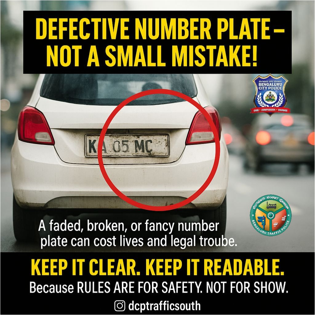 🚫 Defective Number Plate — Not a Small Mistake!
A faded, broken, or fancy number plate can cost lives and legal trouble.🔹 Keep it clear. Keep it readable.Because rules are for safety, not for show.
ದೋಷಪೂರಿತ ನಂಬರ್ ಪ್ಲೇಟ್ ಸಣ್ಣ ತಪ್ಪಲ್ಲ!.ನಿಯಮಗಳು ಪ್ರದರ್ಶನಕ್ಕಾಗಿ ಅಲ್ಲ — ಸುರಕ್ಷತೆಗಾಗಿ.
