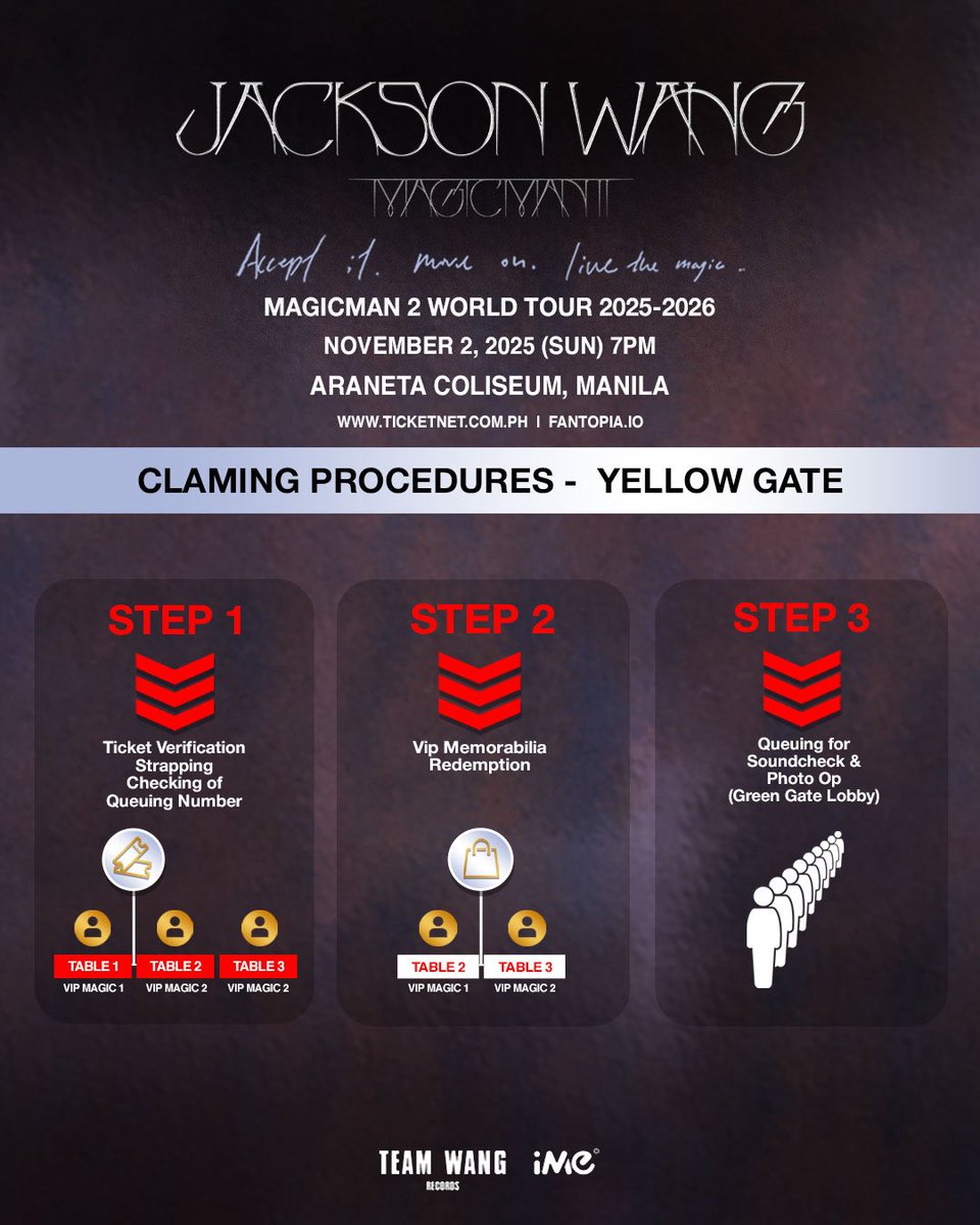 ImePhilippines's tweet photo. MAGICMAN 2 WORLD TOUR 2025–2026 IN MANILA - Official Merchandise Pick-Up Guidelines

🗓️ Pick-Up Date: November 2, 2025 (SUN)
🕛 Time for pick-up: 12:00 - 7:00 PM

📍 Where to Pick Up: Official Merchandise Booth at Green Gate, Araneta Coliseum

How to Pick Up:
1. Log in to [Fantopia > ME > My Merch] to access your Pick-Up QR Code
2. Present your concert ticket and a valid ID for verification
3. Show your QR code to collect your items

Remarks:
1. Each pickup QR code can be used only once; screenshots are not valid. Please log in to the FANTOPIA APP to present the QR code.
2. Items must be picked up at the venue on the show day only. If not collected within the designated time, the order will be forfeited. No delivery or refund will be provided under any circumstances.
3. ⁠Concert merchandise is available exclusively to ticket holders. If you cannot present a valid concert ticket and ID, we reserve the right to deny pickup without refund.
4. ⁠Before leaving the redemption counter, please check your items carefully. Once you leave, we will not be able to process any claims or exchanges.

We’re sure there’s something you’ll love! See you soon 🛍️✨

#MAGICMAN2WORLDTOUR #JACKSONWANGWORLDTOUR #잭슨 #王嘉尔 #JacksonWang #TEAMWANGRecords #iMeAsia #FANTOPIA #imeph #imephilippines
