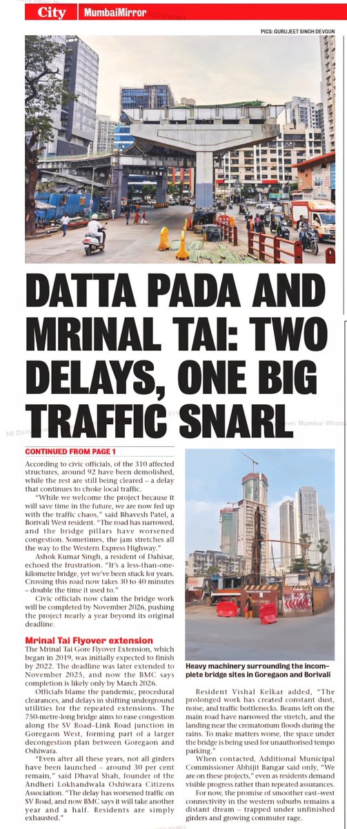 TheVishalKay's tweet image. This is today’s news in Mumbai Mirror on Mrinal Tai Gore flyover work and Datta pada . 
And there was similar news in Mumbai Mirror about same Bridge work in Jan 2019 ( almost 7 years back) 
mumbaimirror.indiatimes.com/mumbai/civic/s…