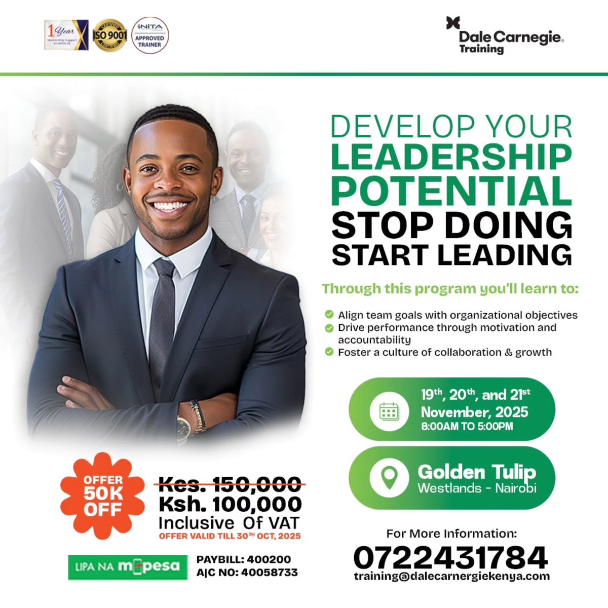 grray_k's tweet photo. Leadership Development helps leaders inspire action. Develop Leadership Potential at Golden Tulip Westlands Nairobi from 19th to 21st November 2025. Paybill 400200 Acc 40058733. Register here: https://t.co/9kIrX7NqcX @DaleCarnegieKe 
#DaleCarnegieKenya https://t.co/Bi3D5ky0Bj