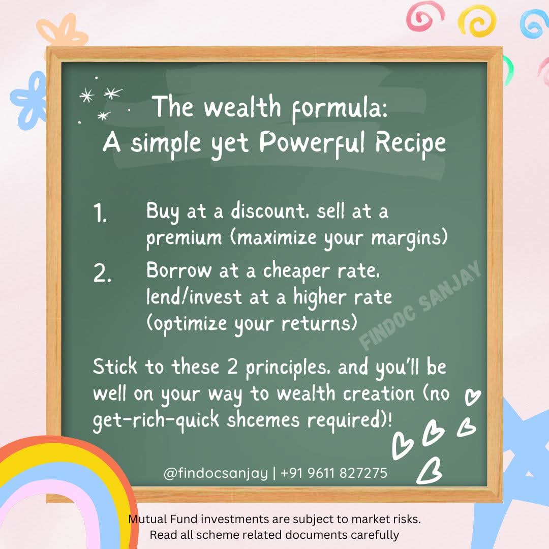 findocsanjay's tweet image. Wealth formula in 2 steps:
Buy at a discount, sell at a premium.
Borrow cheap, invest high.
Wealth is built on margins &amp;amp; returns, not schemes. Focus fundamentals.
RT to agree. DM to apply this formula to your finances!
#FindocSanjay #WealthFormula #InvestSmarter #PersonalFinance