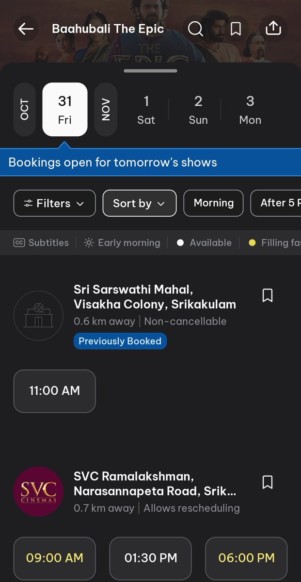 #BaahubaliTheEpic morning show added in sri Saraswati Mahal Srikakulam 
Book your tickets on district app and BookMyShow 🥳 
#Prabhas #TeamPrabhasSrikakulam