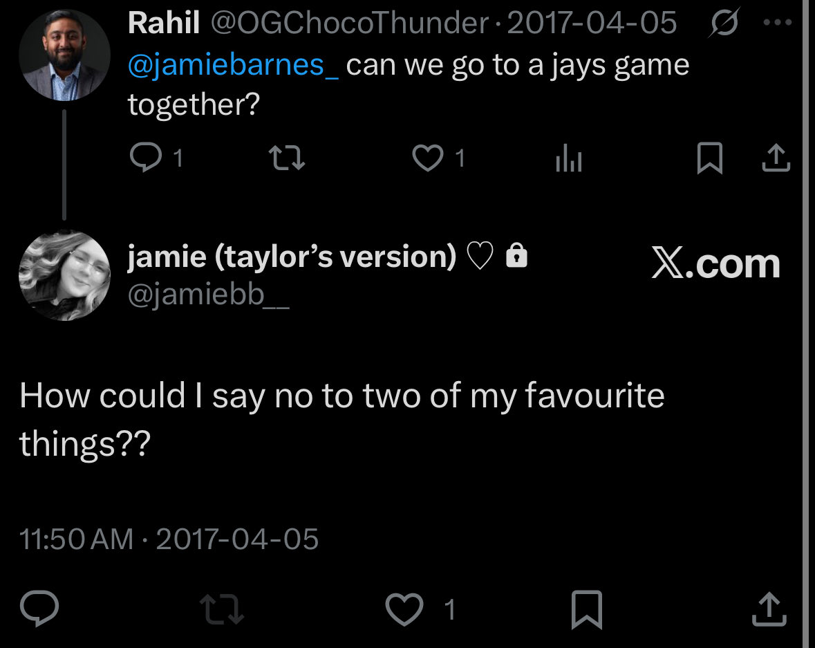 RahilTheThrill's tweet photo. @Xposed Asked my girlfriend on a date to a blue jays game in 2017. 8 years later we’re still going strong and would LOVE to be at game 6! https://t.co/c5W8zWxYO4
