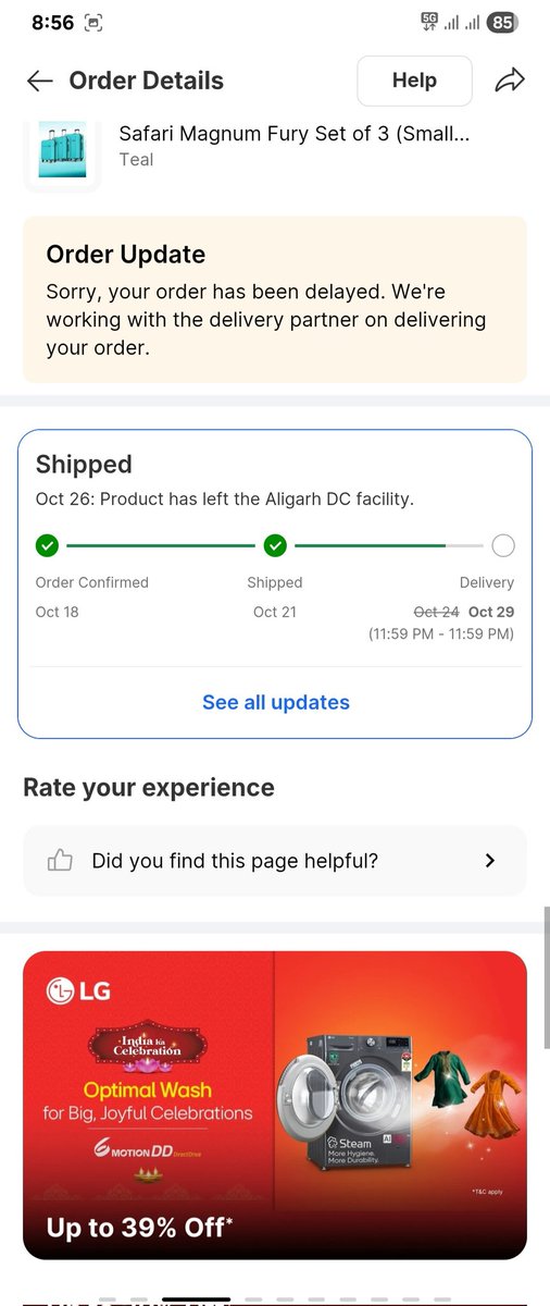 Imankitsen's tweet photo. @Flipkart @FlipkartSupport My order Safari Magnum Fury Set of 3 (Teal) was delayed twice (Oct 24 → Oct 29) and still not delivered. Shipped from Aligarh DC on Oct 26. Please deliver today is date. 30 Oct 2025
 urgently. Order ID: OD335764526081260100 #Flipkart #DelayedDelivery https://t.co/xzC7TUYfSE