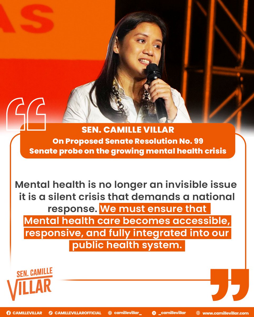 Mental health is a silent crisis that can no longer be ignored. 

We must work together to ensure that mental health care becomes accessible, responsive, and fully integrated into our public health system.

Read more:
camillevillar.com/camille-villar…

#CamilleVillar #TatakVillar #SenatePH