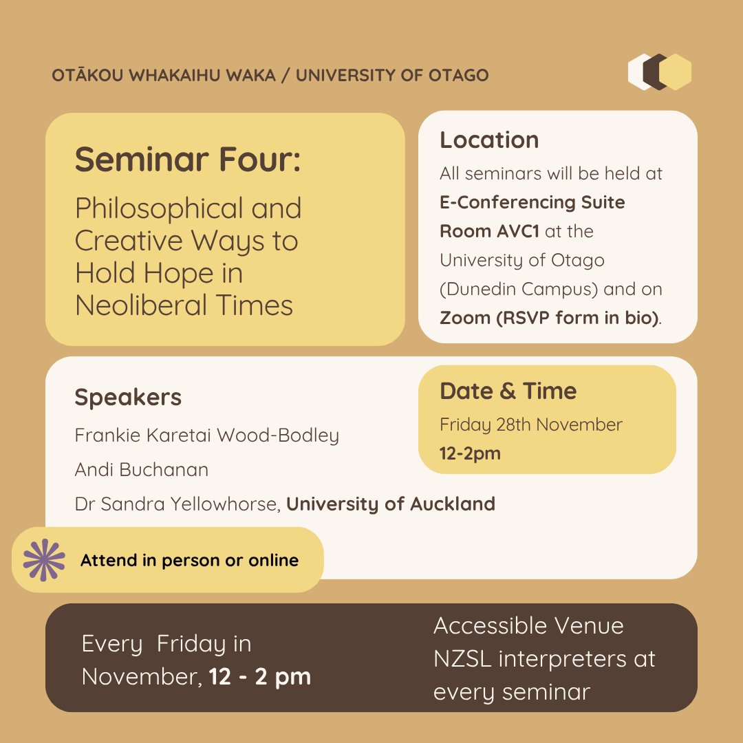 Join us for the Critical Disability Studies Research Network Seminar Series! 

Every Friday in November, 12-2pm. 
Where: E-Conferencing Suite Room AVC1 at the University of Otago (Dunedin Campus) &amp; on Zoom (sign up: tinyurl.com/dd8pu2fj).

NZSL interpreters &amp; accessible venue.