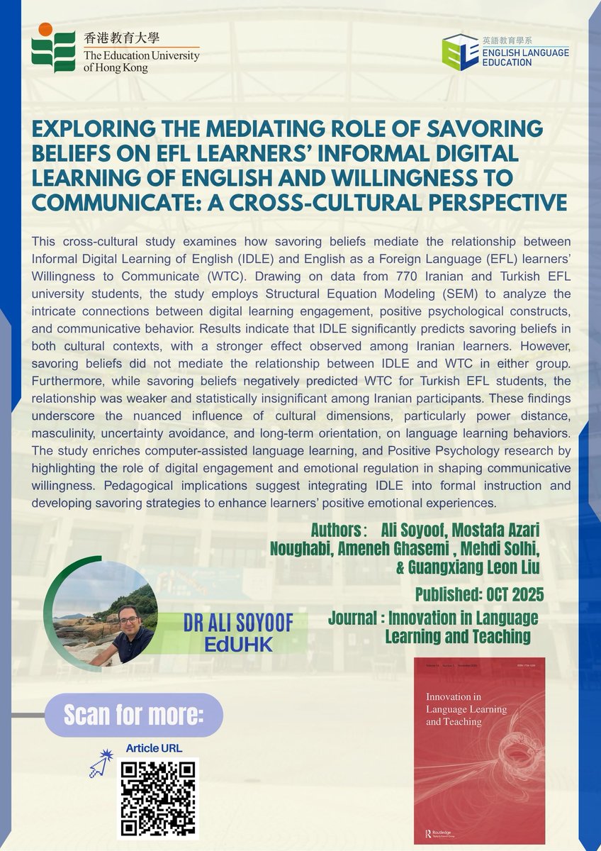 Eduhk_ELE's tweet photo. ELE's Open Knowledge Poster (#40)
Exploring the mediating role of savoring beliefs on EFL learners’ informal digital learning of English and willingness to communicate: a cross-cultural perspective
#EdUHK #poster #education #qualityresearch https://t.co/i0aGNKYLkr