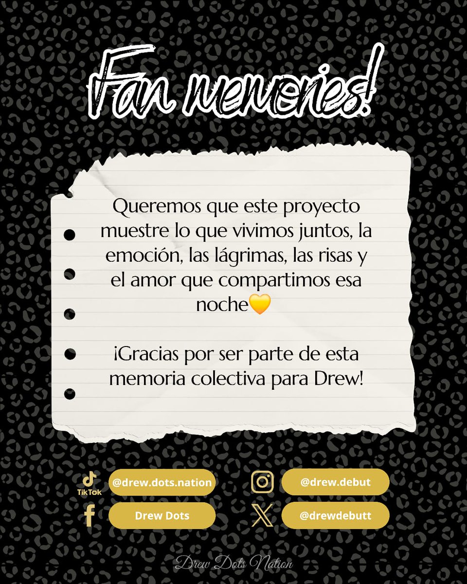 drewdebutt's tweet photo. 🌟 Proyecto: “FAN MEMORIES” 🌟
Un fan project creado con mucho amor para recopilar cómo DrewDots vivimos esa noche tan especial ✨
#DrewDots #FanProject #WithLoveForDrew #WeLoveYouDrew #DrewVenegas #DrewSantosBravos #SantosBravos https://t.co/Ac5bwxXqaX
