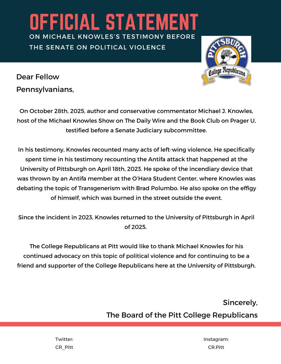 Official statement from the CR at Pitt board concerning the recent Senate Testimony by Michael Knowles