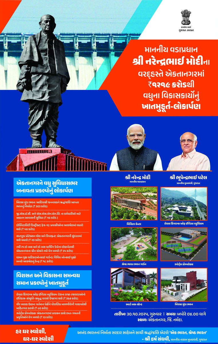 માનનીય વડાપ્રધાન શ્રી નરેન્દ્રભાઈ મોદીના વરદ્હસ્તે 'વિકાસ ભી, વિરાસત ભી' ધ્યેયમંત્રને સાકાર કરતા વિવિધ પ્રકલ્પોનું આજે એકતાનગર ખાતે થશે લોકાર્પણ અને ખાતમુહૂર્ત.

'રાષ્ટ્રીય એકતા દિવસ'ની પૂર્વ સંધ્યાએ પ્રાપ્ત થનાર અત્યાધુનિક સુવિધાઓ અને નવીનતમ આકર્ષણોની આ ભેટથી દેશની એકતા અને